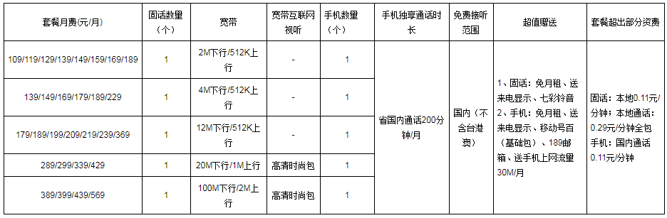 中山电信我的e家全家e天翼宽带套餐（2010版）