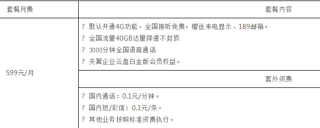 中山电信天翼云卡企业版（599元包月）