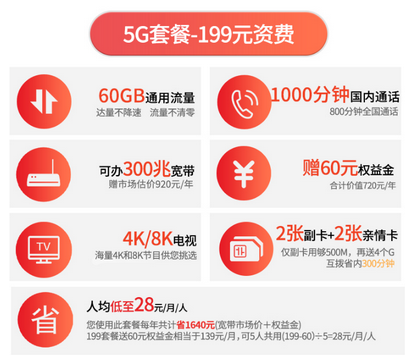 固原电信5G套餐-199元